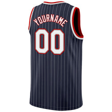 Charger l'image dans la galerie, Custom Navy White Pinstripe White-Red Authentic Basketball Jersey