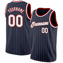 Charger l'image dans la galerie, Custom Navy White Pinstripe White-Red Authentic Basketball Jersey