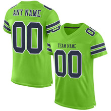 Laden Sie das Bild in den Galerie-Viewer, Custom Neon Green Navy-White Mesh Authentic Football Jersey