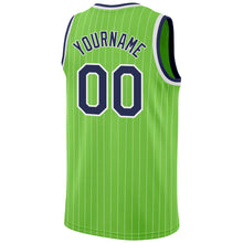 Load image into Gallery viewer, Custom Neon Green White Pinstripe Navy-White Authentic Basketball Jersey