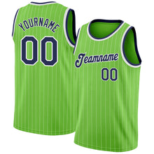 Load image into Gallery viewer, Custom Neon Green White Pinstripe Navy-White Authentic Basketball Jersey
