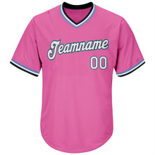 Загрузить изображение в средство просмотра галереи, Custom Pink White-Light Blue Authentic Throwback Rib-Knit Baseball Jersey Shirt