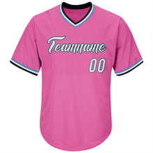 Laden Sie das Bild in den Galerie-Viewer, Custom Pink White-Light Blue Authentic Throwback Rib-Knit Baseball Jersey Shirt