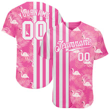 Load image into Gallery viewer, Custom Pink White 3D Pattern Design Tropical Palm Leaves And Famingo Authentic Baseball Jersey