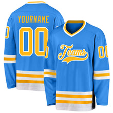 Load image into Gallery viewer, Custom Powder Blue Gold-White Hockey Jersey