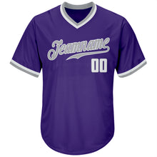 Загрузить изображение в средство просмотра галереи, Custom Purple White-Gray Authentic Throwback Rib-Knit Baseball Jersey Shirt