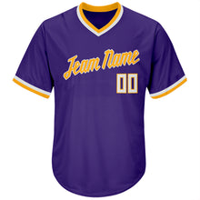 Загрузить изображение в средство просмотра галереи, Custom Purple White-Gold Authentic Throwback Rib-Knit Baseball Jersey Shirt