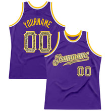 Laden Sie das Bild in den Galerie-Viewer, Custom Purple Camo-Gold Authentic Throwback Basketball Jersey