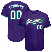 Load image into Gallery viewer, Custom Purple Black Pinstripe White-Teal Authentic Baseball Jersey