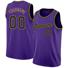 Load image into Gallery viewer, Custom Purple Black Pinstripe Black-Old Gold Authentic Basketball Jersey