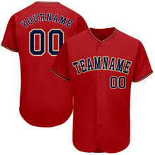 Load image into Gallery viewer, Custom Red Navy-Old Gold Authentic Baseball Jersey