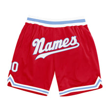 Laden Sie das Bild in den Galerie-Viewer, Custom Red White-Light Blue Authentic Throwback Basketball Shorts