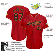 Load image into Gallery viewer, Custom Red Black Pinstripe Black-Old Gold Authentic Baseball Jersey