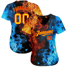 Load image into Gallery viewer, Custom Red Gold 3D Pattern Design Flame Authentic Baseball Jersey