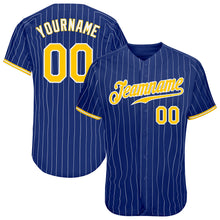 Load image into Gallery viewer, Custom Royal White Pinstripe Gold-White Authentic Baseball Jersey