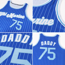 Load image into Gallery viewer, Custom Royal White Pinstripe Light Blue-White Authentic Basketball Jersey