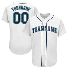 Laden Sie das Bild in den Galerie-Viewer, Custom White Navy-Teal Baseball Jersey