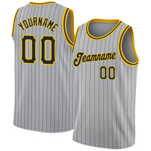 Laden Sie das Bild in den Galerie-Viewer, Custom Gray Black Pinstripe Black-Gold Authentic Basketball Jersey