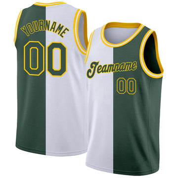 Custom White Hunter Green-Gold Authentic Split Fashion Basketball Jersey