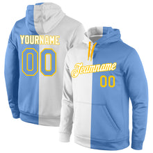 Charger l'image dans la galerie, Custom Stitched White Light Blue-Gold Split Fashion Sports Pullover Sweatshirt Hoodie