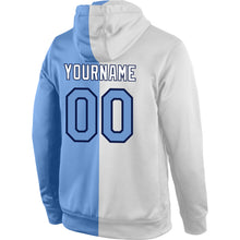Load image into Gallery viewer, Custom Stitched White Light Blue-Navy Split Fashion Sports Pullover Sweatshirt Hoodie