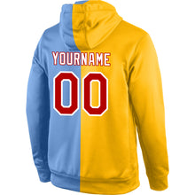 Load image into Gallery viewer, Custom Stitched Gold Red-Light Blue Split Fashion Sports Pullover Sweatshirt Hoodie