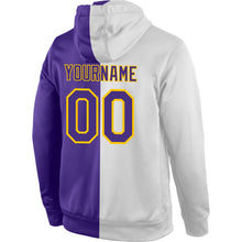 Charger l'image dans la galerie, Custom Stitched White Purple-Gold Split Fashion Sports Pullover Sweatshirt Hoodie