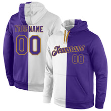 Load image into Gallery viewer, Custom Stitched White Purple-Old Gold Split Fashion Sports Pullover Sweatshirt Hoodie
