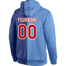 Load image into Gallery viewer, Custom Stitched Light Blue Red-Royal Split Fashion Sports Pullover Sweatshirt Hoodie