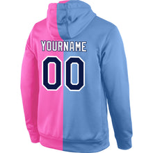 Load image into Gallery viewer, Custom Stitched Light Blue Navy-Pink Split Fashion Sports Pullover Sweatshirt Hoodie