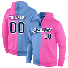 Load image into Gallery viewer, Custom Stitched Light Blue Navy-Pink Split Fashion Sports Pullover Sweatshirt Hoodie