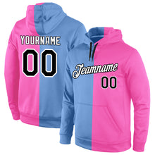Load image into Gallery viewer, Custom Stitched Light Blue Black-Pink Split Fashion Sports Pullover Sweatshirt Hoodie