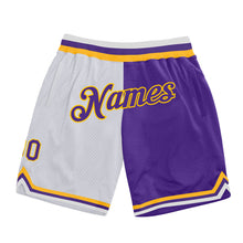 Загрузить изображение в средство просмотра галереи, Custom White Purple-Gold Authentic Throwback Split Fashion Basketball Shorts