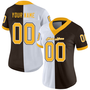 Custom Brown Gold-White Mesh Split Fashion Football Jersey