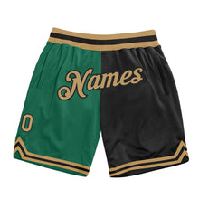Load image into Gallery viewer, Custom Kelly Green Old Gold-Black Authentic Throwback Split Fashion Basketball Shorts