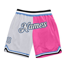 Laden Sie das Bild in den Galerie-Viewer, Custom Pink White-Light Blue Authentic Throwback Split Fashion Basketball Shorts