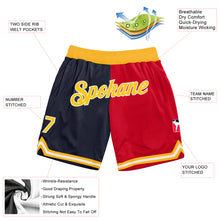 Load image into Gallery viewer, Custom Navy Gold-Red Authentic Throwback Split Fashion Basketball Shorts
