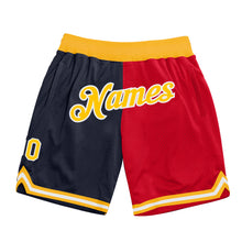 Load image into Gallery viewer, Custom Navy Gold-Red Authentic Throwback Split Fashion Basketball Shorts