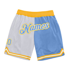 Charger l'image dans la galerie, Custom White Light Blue-Gold Authentic Throwback Split Fashion Basketball Shorts