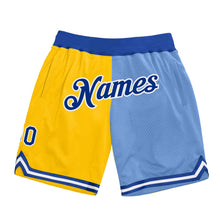 Laden Sie das Bild in den Galerie-Viewer, Custom Gold Royal-Light Blue Authentic Throwback Split Fashion Basketball Shorts