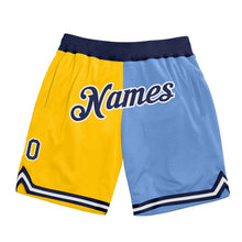 Laden Sie das Bild in den Galerie-Viewer, Custom Gold Navy-Light Blue Authentic Throwback Split Fashion Basketball Shorts