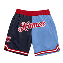 Charger l'image dans la galerie, Custom Navy Red-Light Blue Authentic Throwback Split Fashion Basketball Shorts