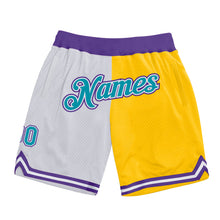Загрузить изображение в средство просмотра галереи, Custom White Teal-Gold Authentic Throwback Split Fashion Basketball Shorts