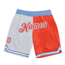 Laden Sie das Bild in den Galerie-Viewer, Custom White Orange-Light Blue Authentic Throwback Split Fashion Basketball Shorts