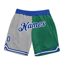 Laden Sie das Bild in den Galerie-Viewer, Custom Gray Royal-Kelly Green Authentic Throwback Split Fashion Basketball Shorts