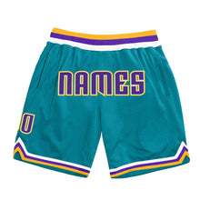 Load image into Gallery viewer, Custom Teal Purple-Gold Authentic Throwback Basketball Shorts