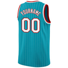 Загрузить изображение в средство просмотра галереи, Custom Teal White Pinstripe White-Red Authentic Basketball Jersey