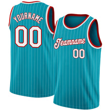 Загрузить изображение в средство просмотра галереи, Custom Teal White Pinstripe White-Red Authentic Basketball Jersey