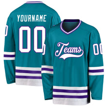 Load image into Gallery viewer, Custom Teal White-Purple Hockey Jersey
