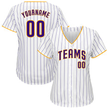 Charger l'image dans la galerie, Custom White Purple Pinstripe Purple-Gold Authentic Baseball Jersey